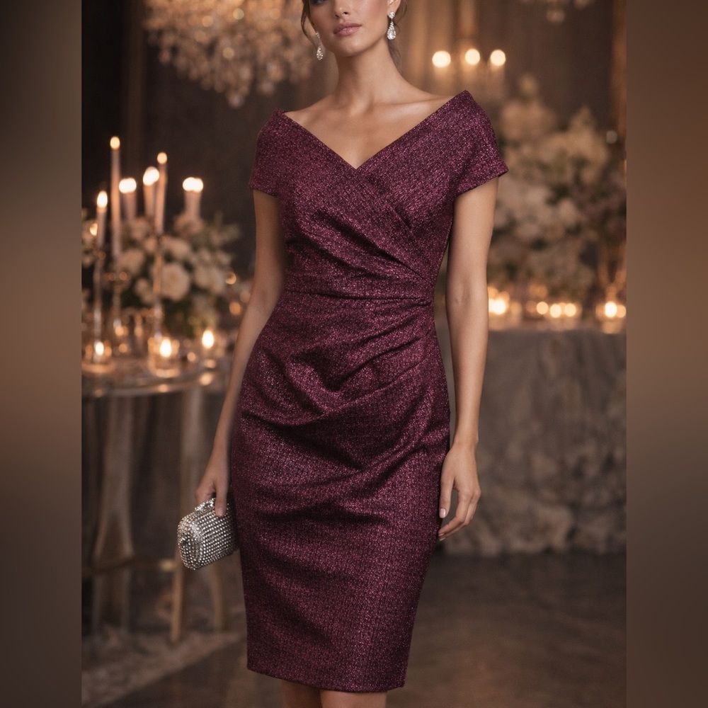 NEW Teri Jon Red Pleated Ruched Sheath Metallic Mini Cocktail Dress Size 4